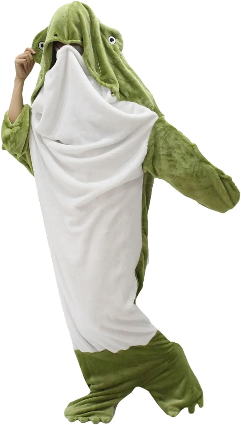 Cartoon Fried Frog Blanket Onesie, Wearable Hooded Sleeping Bag, Flannel Loose Full Protection Warm Throw for Travel, Adults Teens Kids Cosplay Costume, Green M