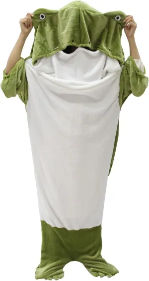 Cartoon Fried Frog Blanket Onesie, Wearable Hooded Sleeping Bag, Flannel Loose Full Protection Warm Throw for Travel, Adults Teens Kids Cosplay Costume, Green M