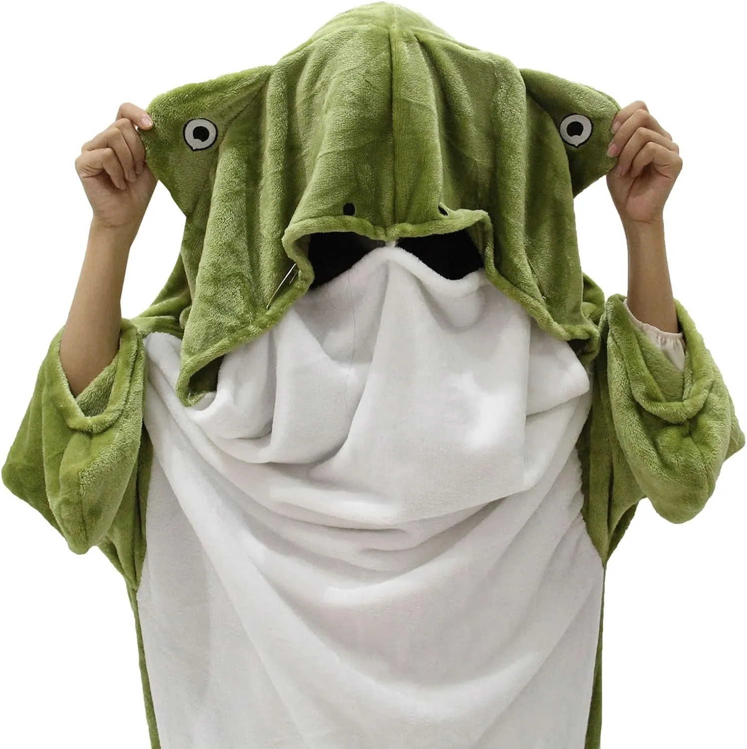 Cartoon Fried Frog Blanket Onesie, Wearable Hooded Sleeping Bag, Flannel Loose Full Protection Warm Throw for Travel, Adults Teens Kids Cosplay Costume, Green M