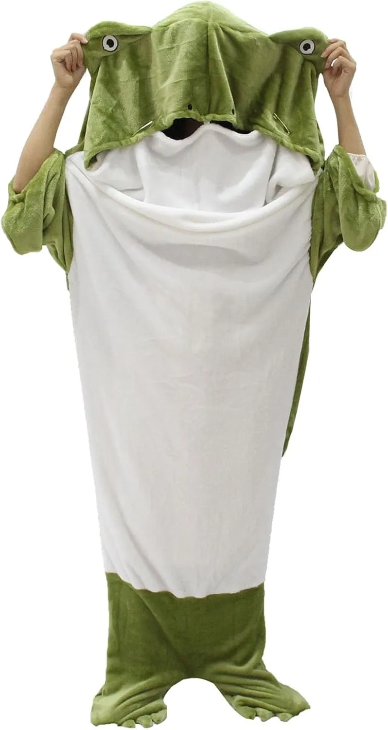 Cartoon Fried Frog Blanket Onesie, Wearable Hooded Sleeping Bag, Flannel Loose Full Protection Warm Throw for Travel, Adults Teens Kids Cosplay Costume, Green M