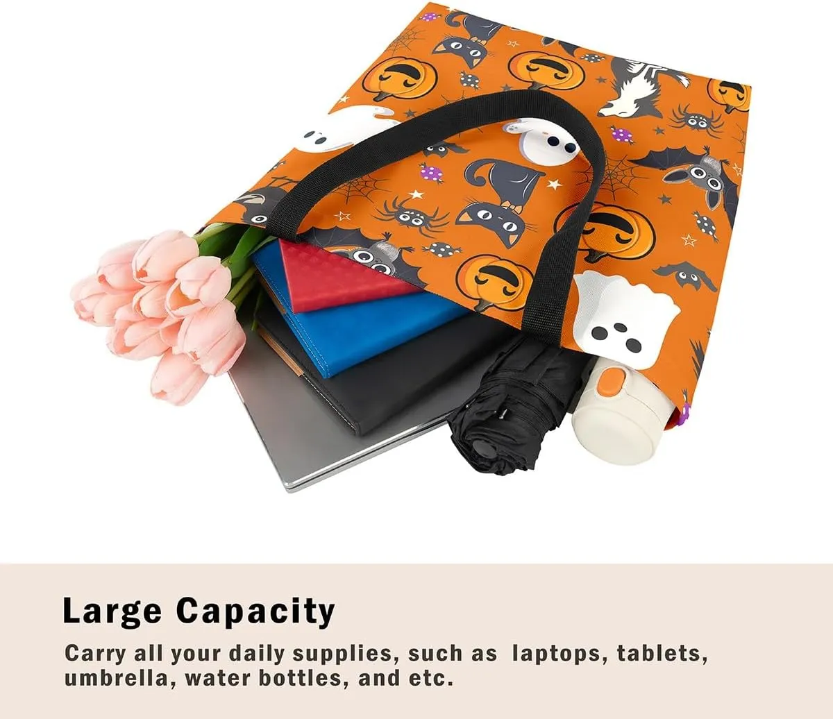 Cartoon Ghost Canvas Tote Bag for Women,Halloween Pumpkin Decorations Gothic Large Capacity Gym Bag