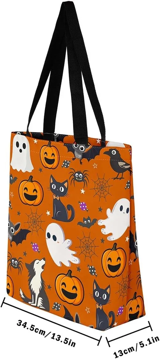 Cartoon Ghost Canvas Tote Bag for Women,Halloween Pumpkin Decorations Gothic Large Capacity Gym Bag