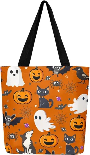 Cartoon Ghost Canvas Tote Bag for Women,Halloween Pumpkin Decorations Gothic Large Capacity Gym Bag