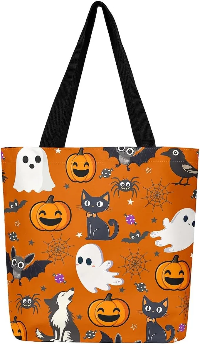 Cartoon Ghost Canvas Tote Bag for Women,Halloween Pumpkin Decorations Gothic Large Capacity Gym Bag