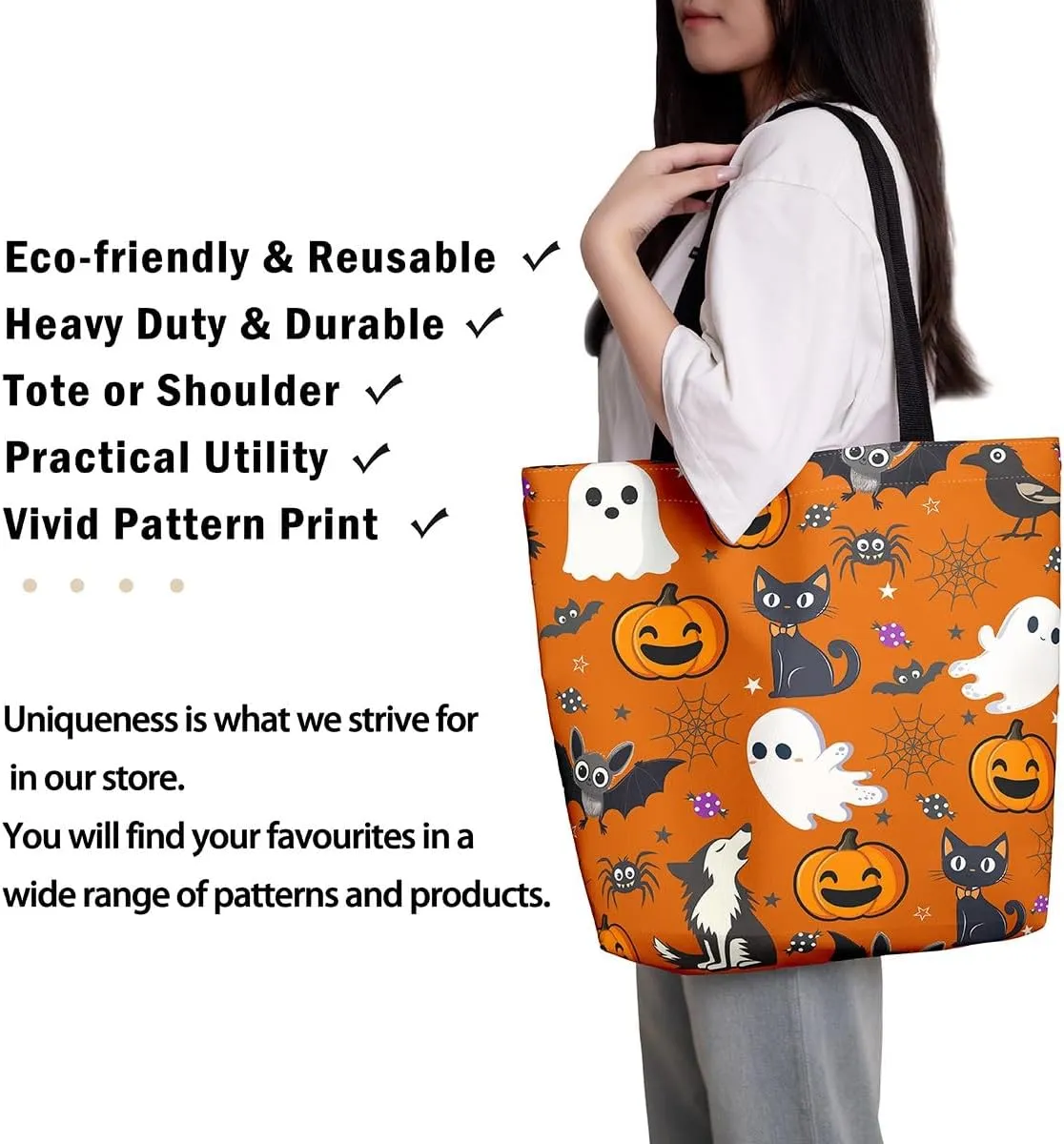 Cartoon Ghost Canvas Tote Bag for Women,Halloween Pumpkin Decorations Gothic Large Capacity Gym Bag
