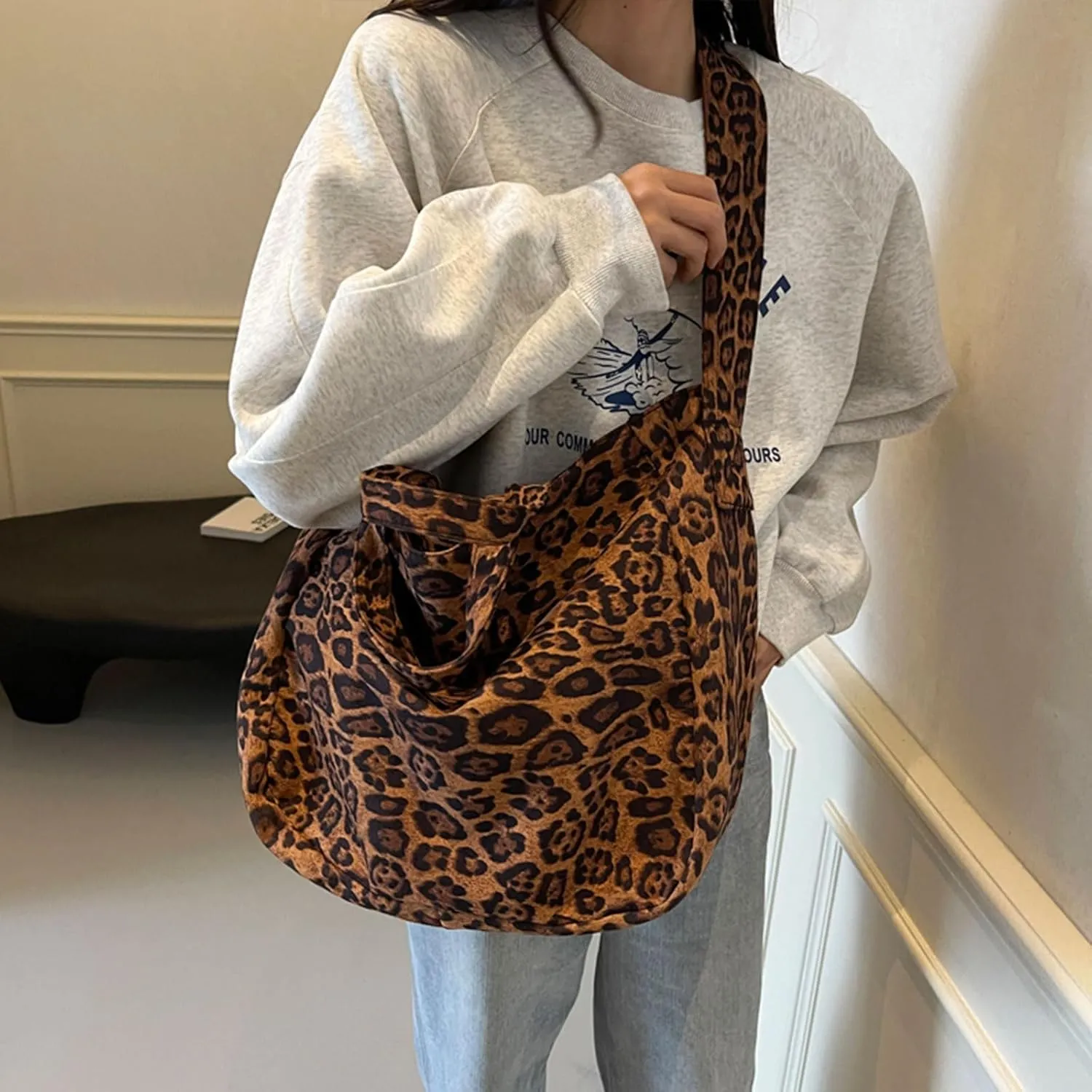 Casual Leopard Print Canvas Messenger Bag Chic Crossbody Bag Shoulder Hobo Bag Large Tote Laptop Bag Travel Daypacks