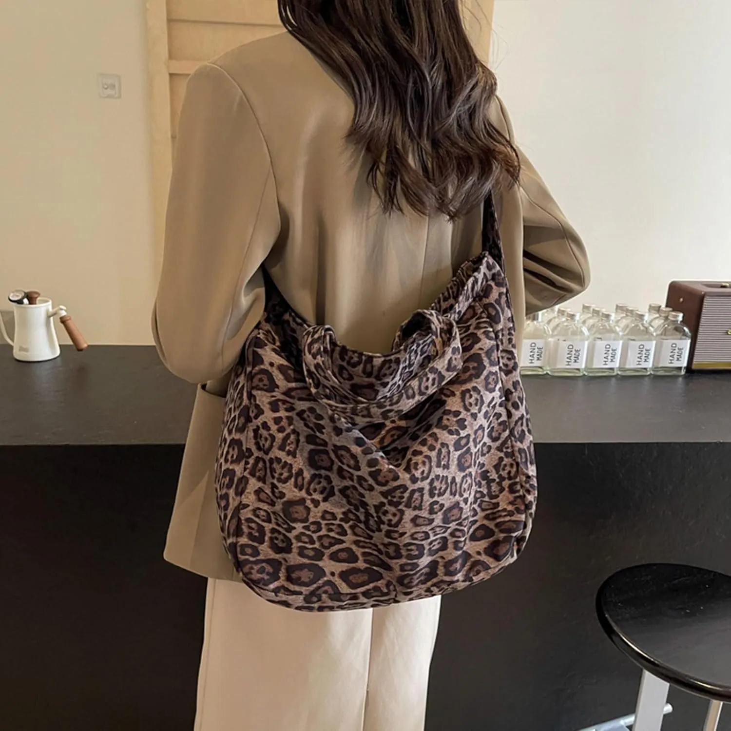 Casual Leopard Print Canvas Messenger Bag Chic Crossbody Bag Shoulder Hobo Bag Large Tote Laptop Bag Travel Daypacks
