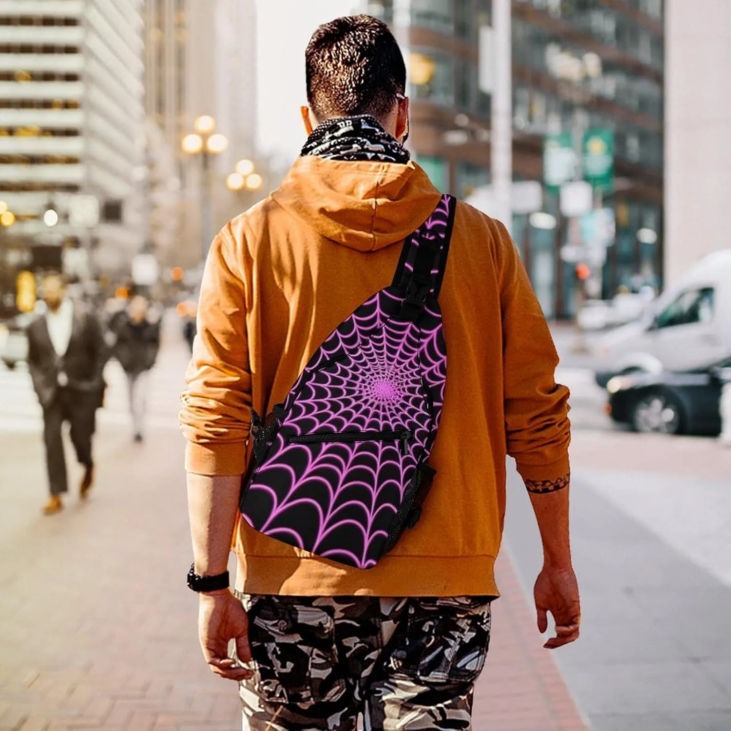Casual Sling Bag for Men Women, Large Capacity Crossbody Bag Halloween Purple Spider Web Gym Shoulder Bag Travel Daypacks with Adjustable Strap