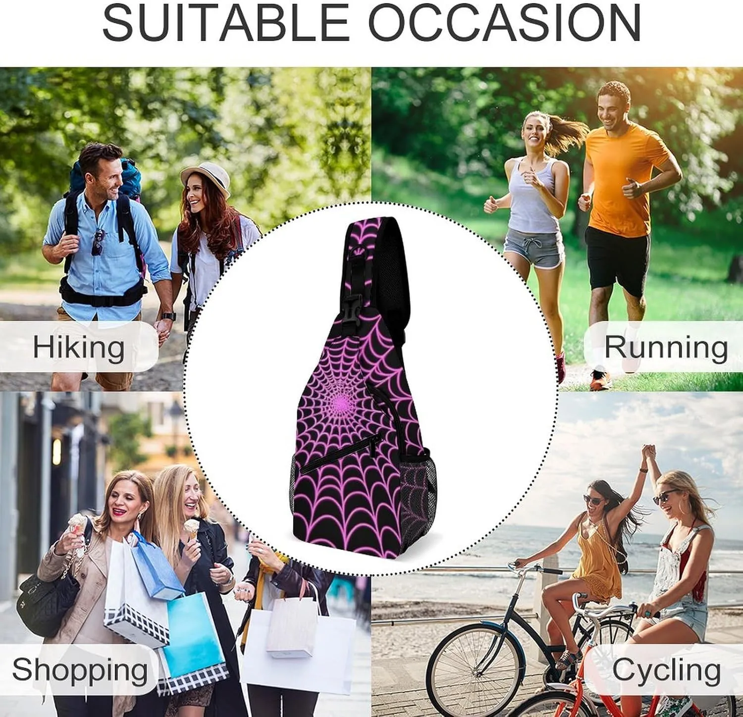 Casual Sling Bag for Men Women, Large Capacity Crossbody Bag Halloween Purple Spider Web Gym Shoulder Bag Travel Daypacks with Adjustable Strap
