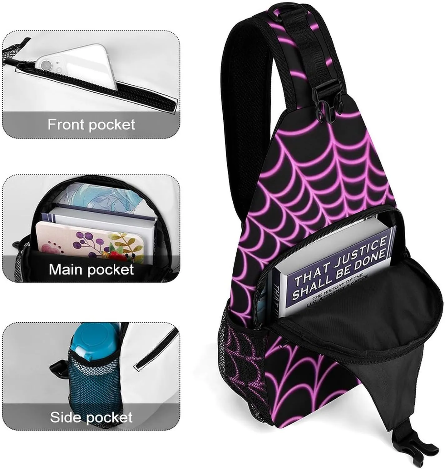 Casual Sling Bag for Men Women, Large Capacity Crossbody Bag Halloween Purple Spider Web Gym Shoulder Bag Travel Daypacks with Adjustable Strap