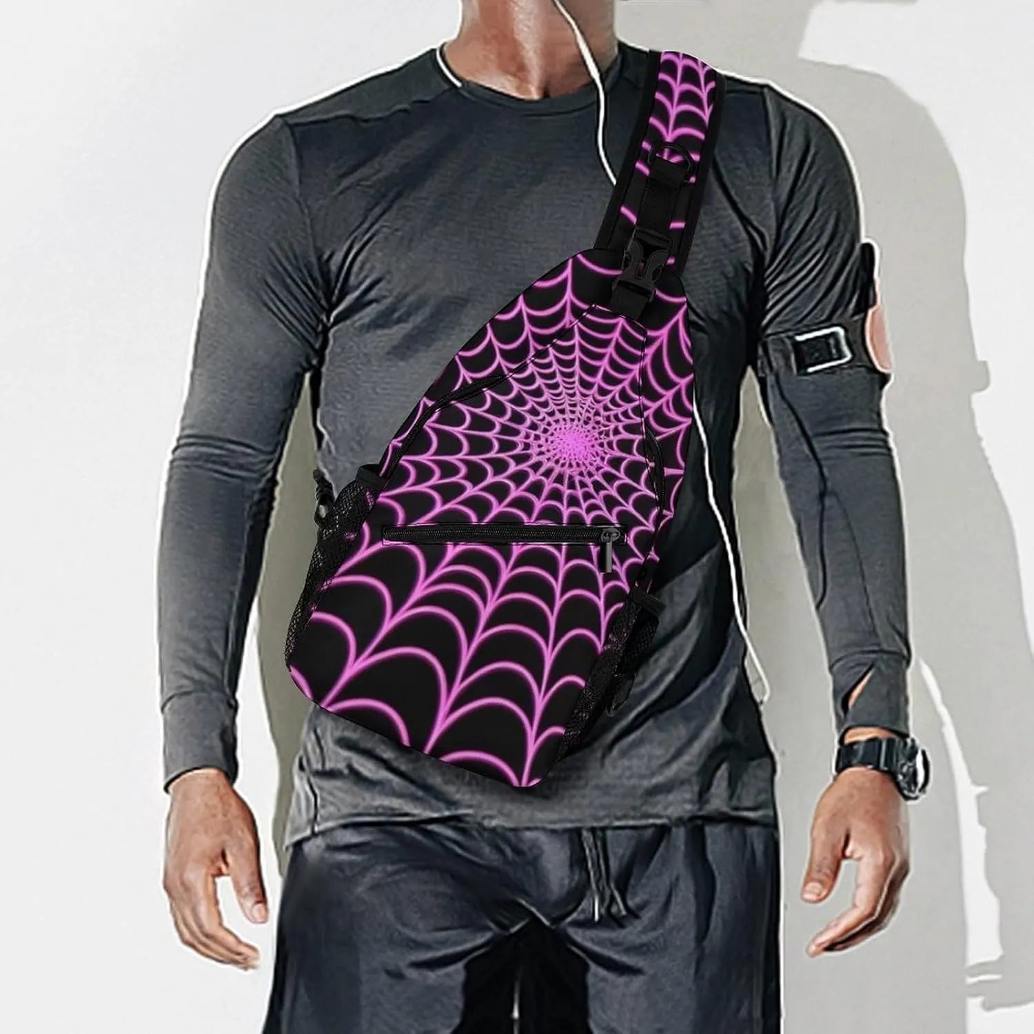 Casual Sling Bag for Men Women, Large Capacity Crossbody Bag Halloween Purple Spider Web Gym Shoulder Bag Travel Daypacks with Adjustable Strap