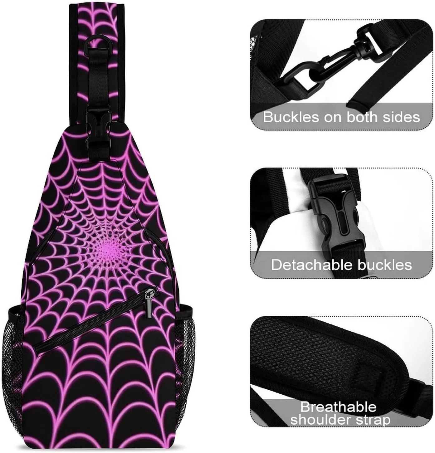 Casual Sling Bag for Men Women, Large Capacity Crossbody Bag Halloween Purple Spider Web Gym Shoulder Bag Travel Daypacks with Adjustable Strap