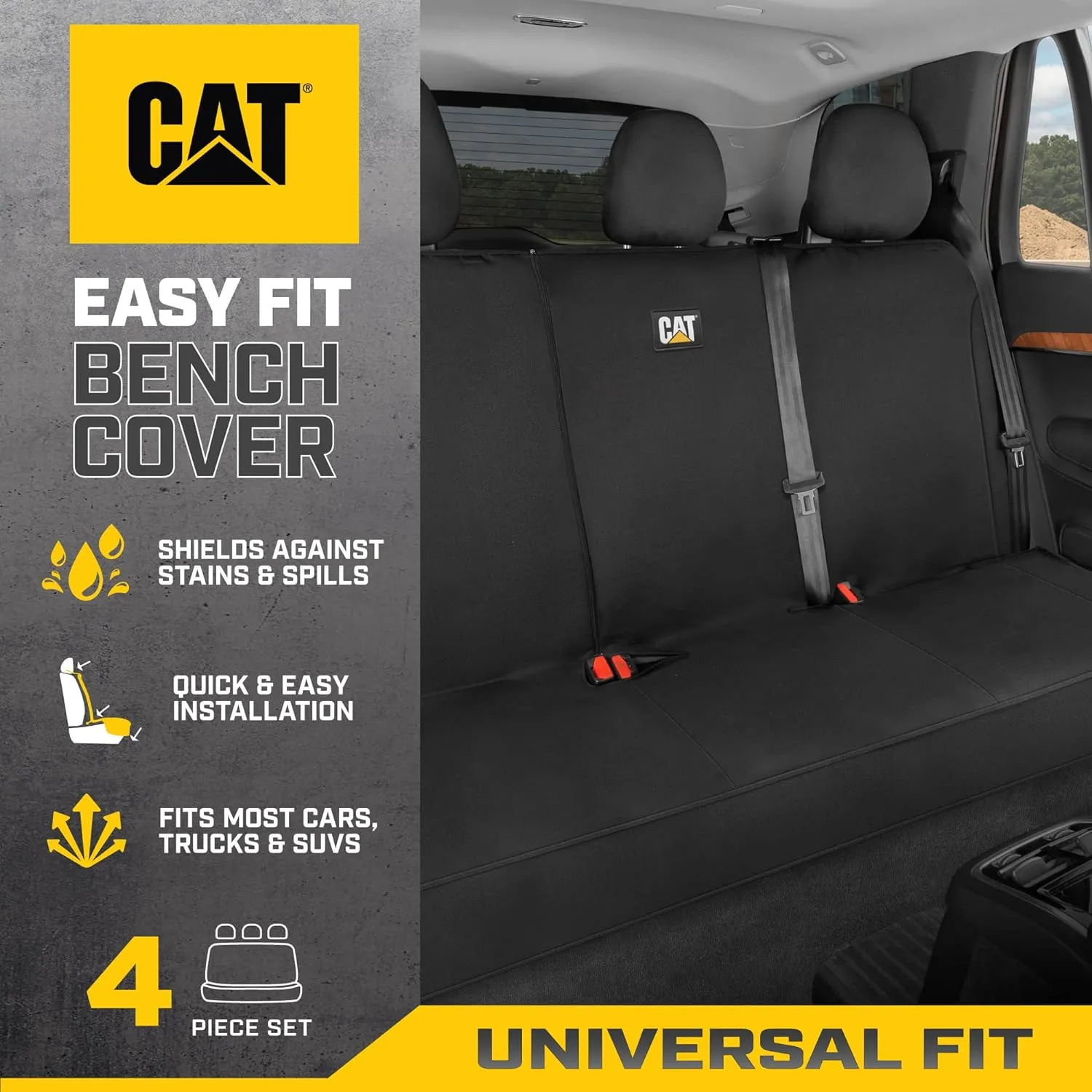 Cat Flexfit Black Rear Seat Cover for Car - Durable Canvas Material Back Car Seat Covers 60/40 Split Bench Protector – Back Seat Cover for Truck & SUV Back Seat Protector Interior Car Accessories