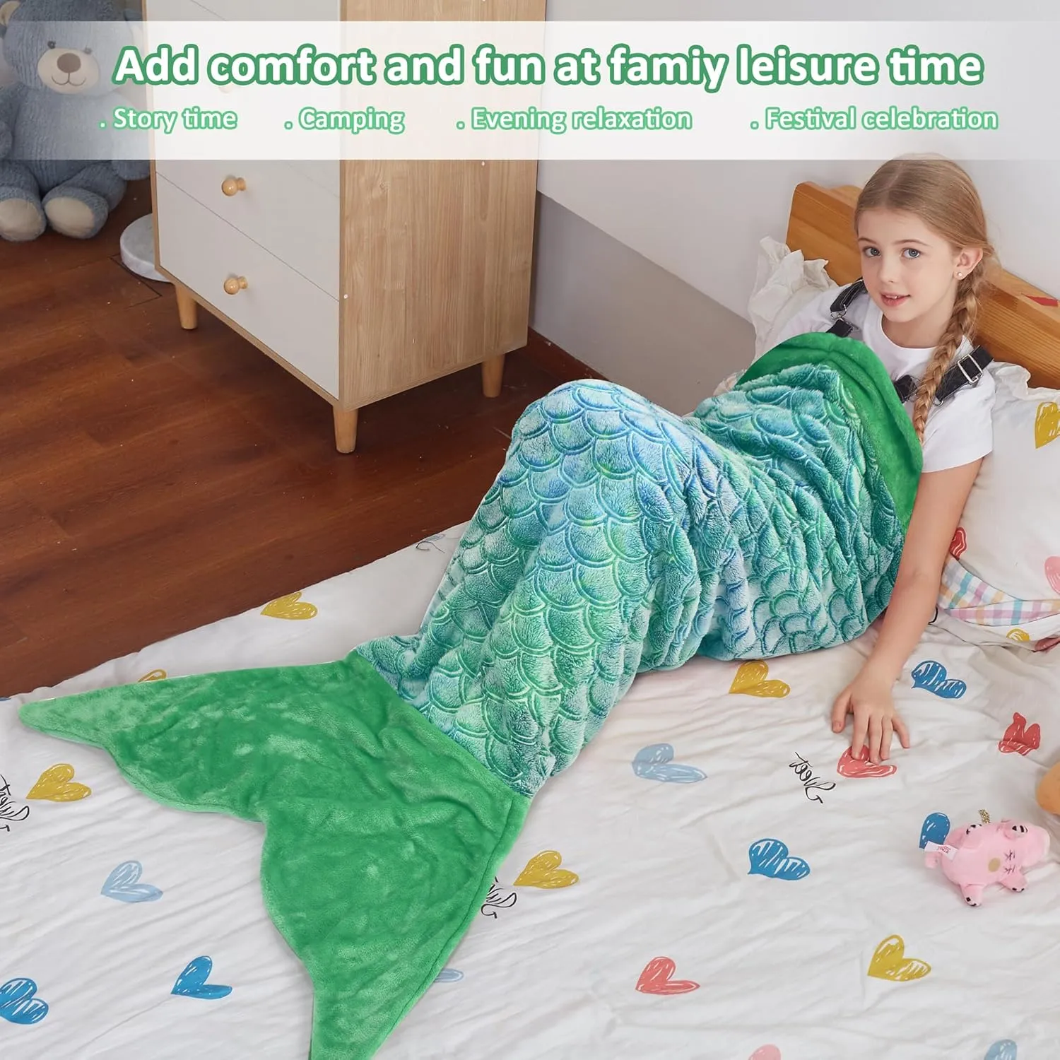 Catalonia Kids Mermaid Tail Blanket, Glow in The Dark Mermaid Sleeping Bag, Super Soft Plush Flannel Sleeping Blanket for Girls, Fish Scale Pattern