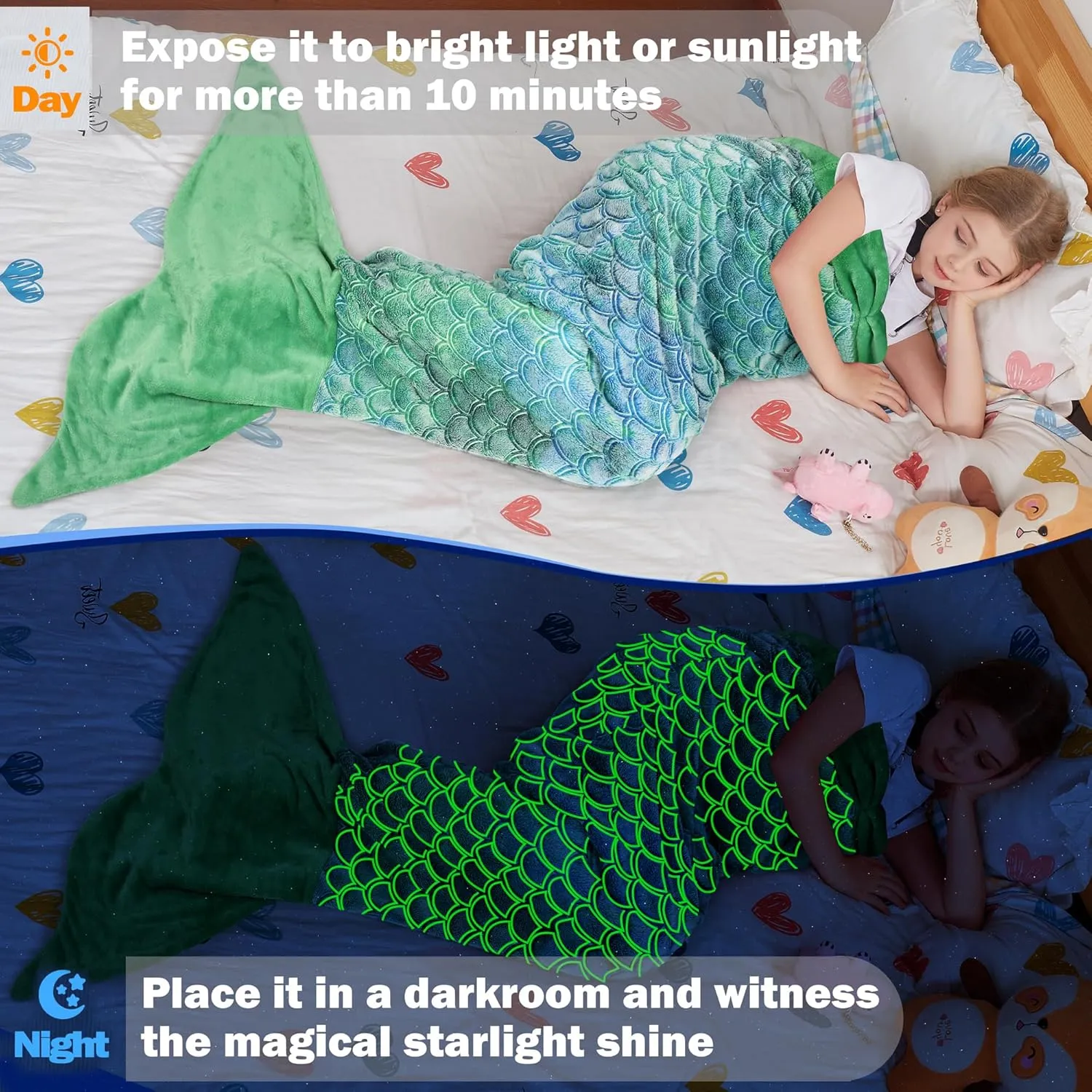 Catalonia Kids Mermaid Tail Blanket, Glow in The Dark Mermaid Sleeping Bag, Super Soft Plush Flannel Sleeping Blanket for Girls, Fish Scale Pattern