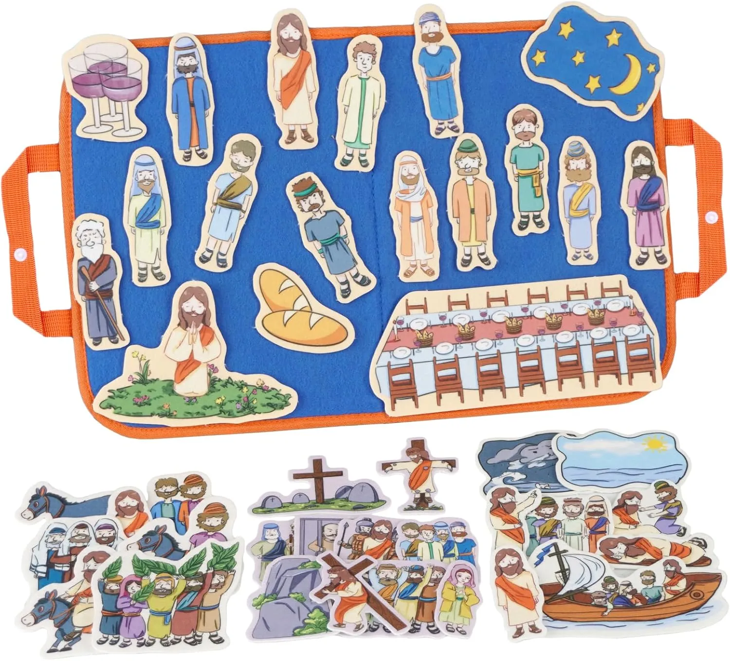 CHEFAN 4 Pack Felt Board Bible Stories Set, Flannel Board Stories, Nativity Flannel Graph Bible Toy for Kids, Include Last Supper, Jesus Calms The Storm, Triumphal Entry of Jesus, Crucifixion