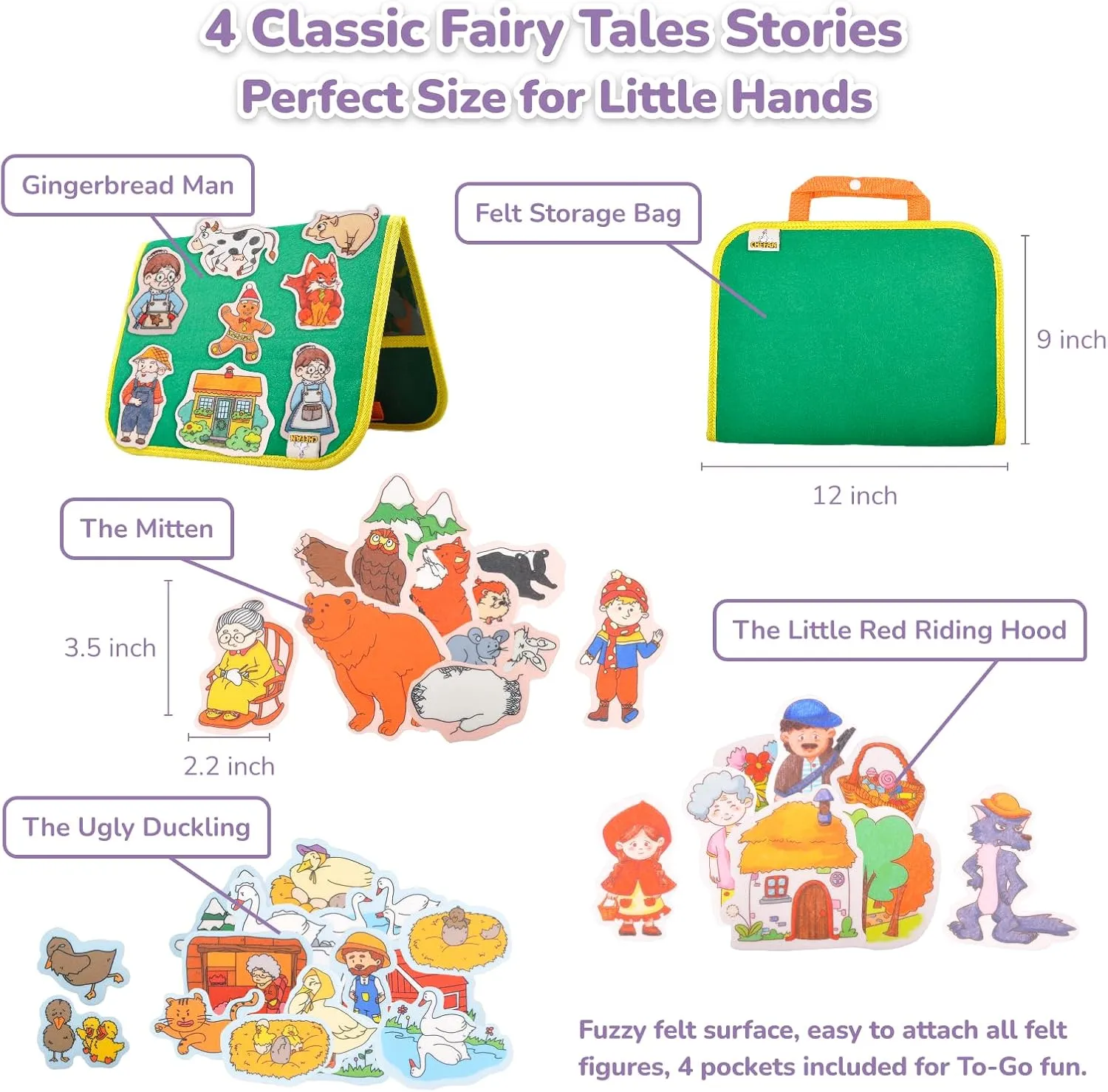 CHEFAN 4 Pack Felt Board Story Set, The Mitten, The Little Red Riding Hood, Gingerbread Man, Ugly Duckling, Precut Felt/Flannel Figure Pieces Teaching Wall for Preschool Activity Early Storytelling