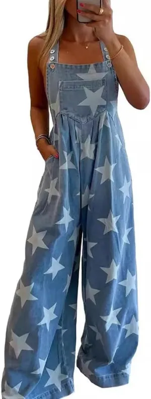 chouyatou Women's Loose Adjustable Strap Denim Bib Overalls Stars Print Wide Leg Baggy Long Jeans Jumpsuit
