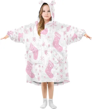 Christmas Socks Wearable Blanket Hoodie for Kids Warm Cozy Oversized Hooded Sweatshirt Blanket with Pocket