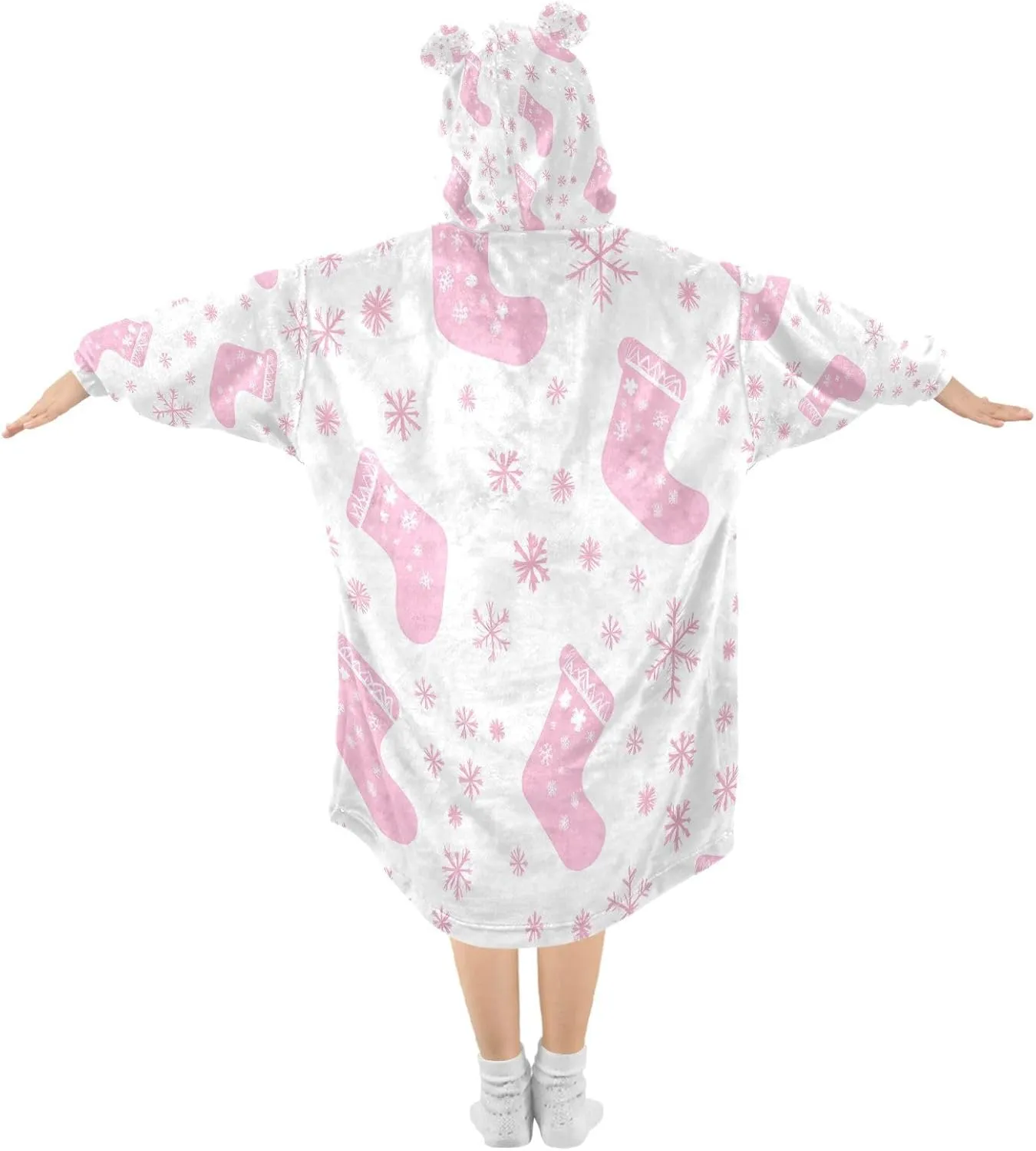 Christmas Socks Wearable Blanket Hoodie for Kids Warm Cozy Oversized Hooded Sweatshirt Blanket with Pocket