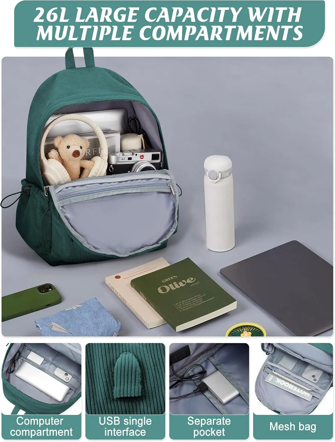 Classic Backpack For School Girls Boys Backpack with USB Charging Port College Back pack Lightweight Casual Daypacks Cute High School Bookbag for Students(Green)