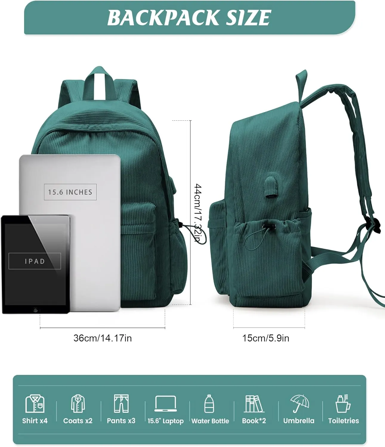 Classic Backpack For School Girls Boys Backpack with USB Charging Port College Back pack Lightweight Casual Daypacks Cute High School Bookbag for Students(Green)