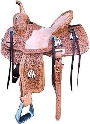 Classic Quality Premium Leather Comfort Western Hard Seat Barrel Racing Tooled Carved Trail Equestrian Handmade Horse Saddle Size 17 INC.