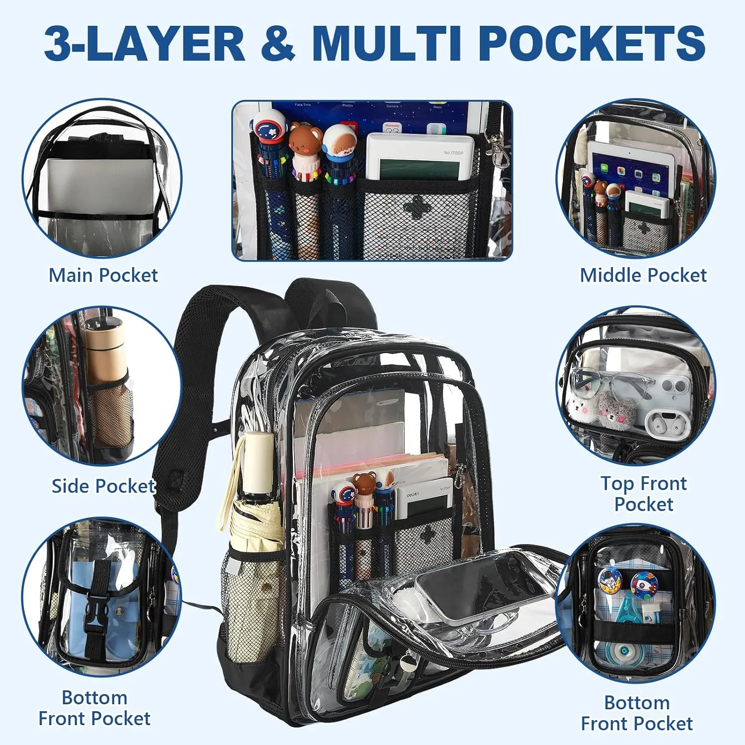Clear Backpack, 17 inch Transparent Backpacks with Accessories, School Bag for Teen Boys Girls,Clear Laptop Bags for Elementary High School Travel Daypacks