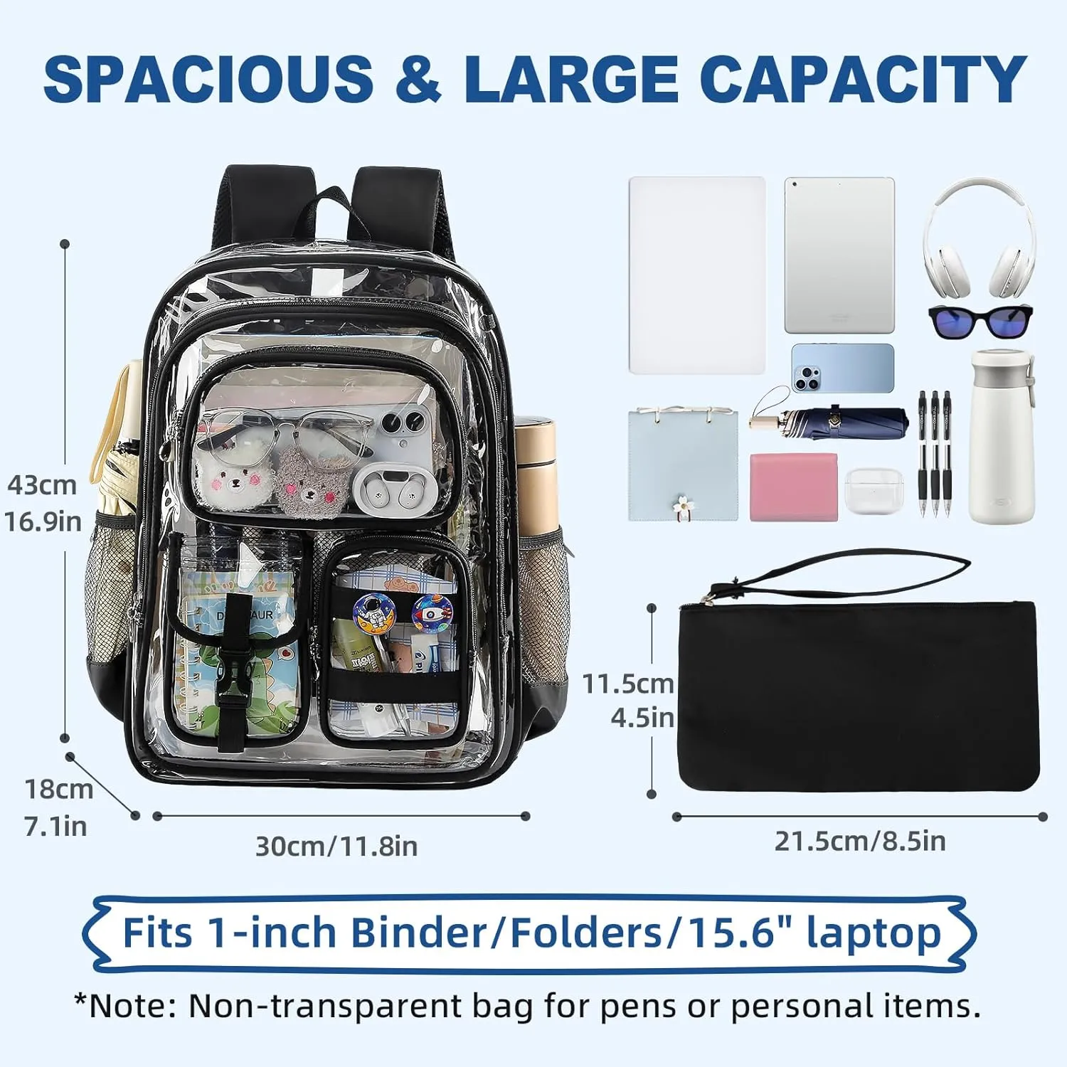 Clear Backpack, 17 inch Transparent Backpacks with Accessories, School Bag for Teen Boys Girls,Clear Laptop Bags for Elementary High School Travel Daypacks