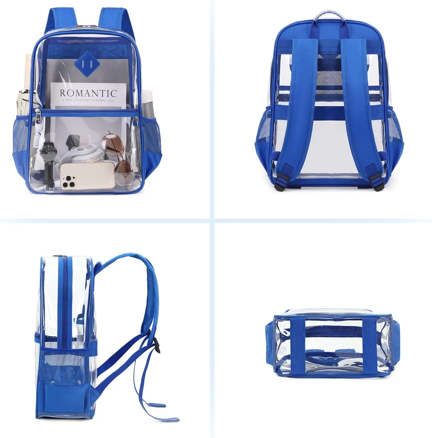 Clear Backpack, Heavy Duty See Through Daypacks for Travel, Work, Security, Concerts, College Transparent PVC bookback Stadium Approved, Blue