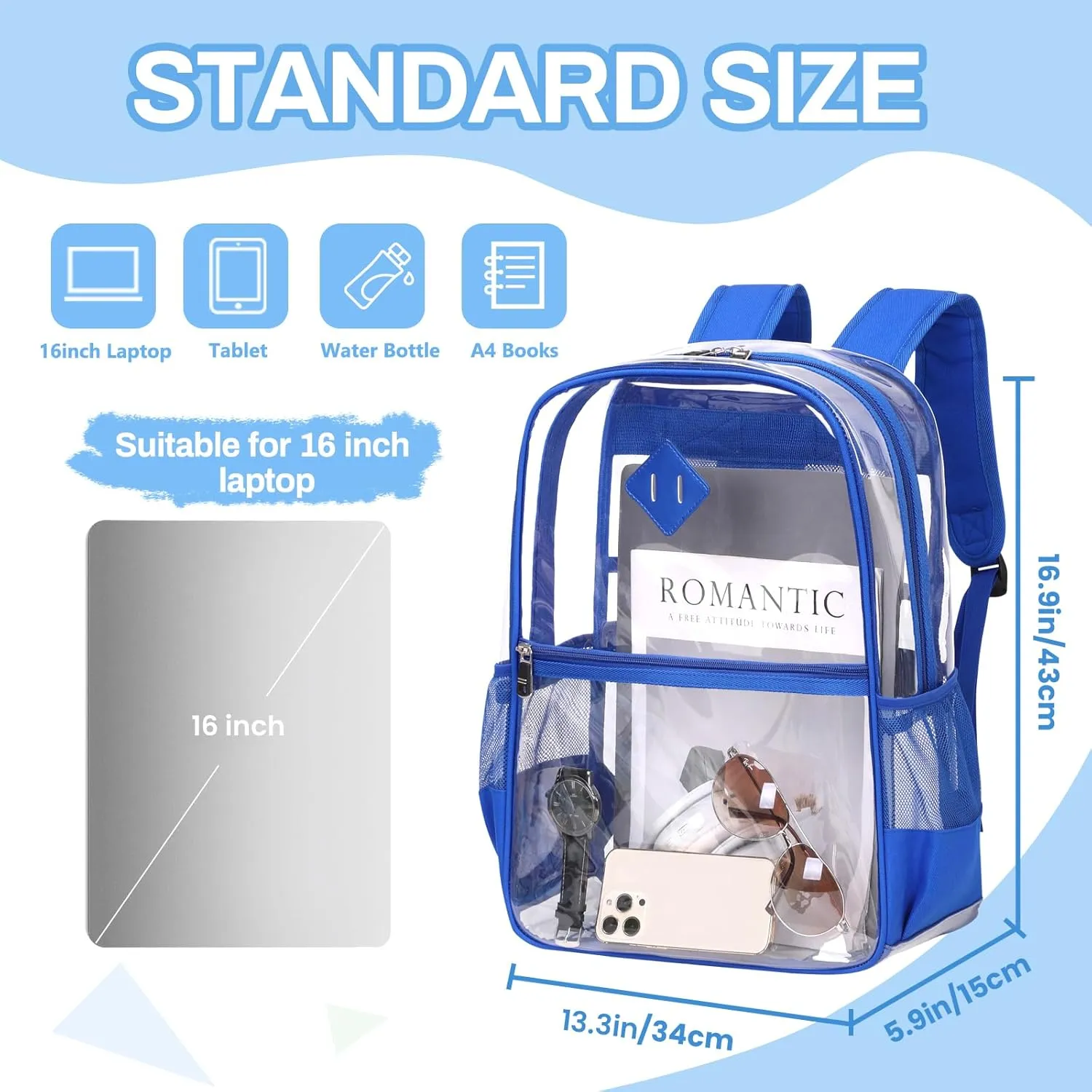 Clear Backpack, Heavy Duty See Through Daypacks for Travel, Work, Security, Concerts, College Transparent PVC bookback Stadium Approved, Blue