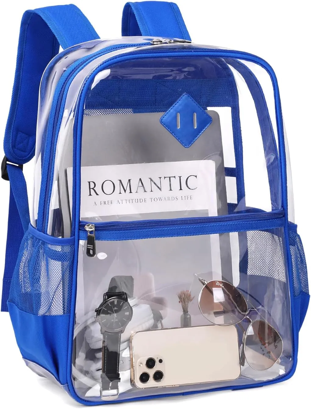 Clear Backpack, Heavy Duty See Through Daypacks for Travel, Work, Security, Concerts, College Transparent PVC bookback Stadium Approved, Blue