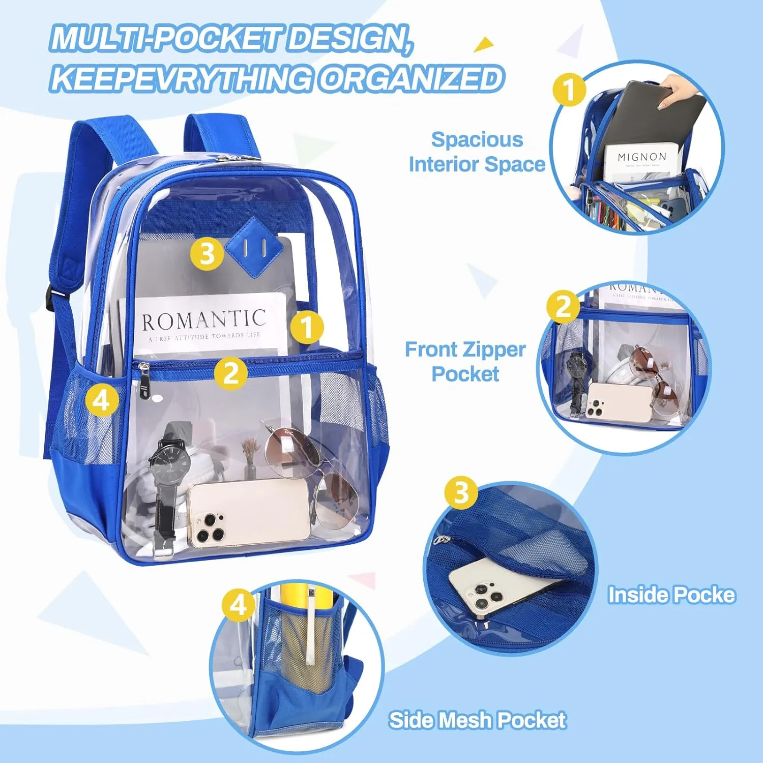 Clear Backpack, Heavy Duty See Through Daypacks for Travel, Work, Security, Concerts, College Transparent PVC bookback Stadium Approved, Blue