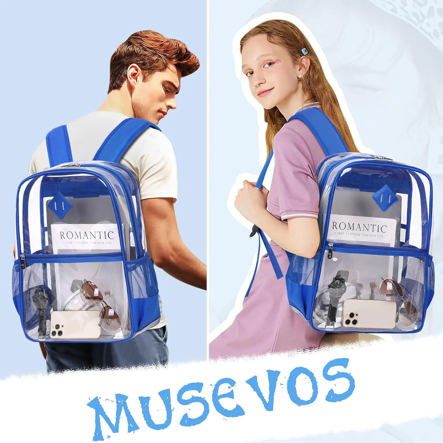 Clear Backpack, Heavy Duty See Through Daypacks for Travel, Work, Security, Concerts, College Transparent PVC bookback Stadium Approved, Blue