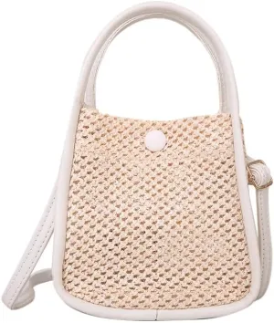 Coconut Girl Aesthetic Rattan Mini Tote Cottagecore Wicker Purse Raffia Shoulder Bag Beach Handbag Indie Clutch Bag (White,Small)