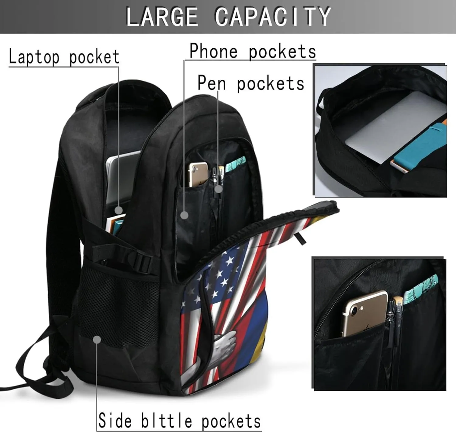 Colombian Colombia American Flag Travel Backpacks Casual Backpack Large Capacity Laptop Rucksack Luggage Daypacks with USB Charging Port Multi-Pockets Bags for Hiking