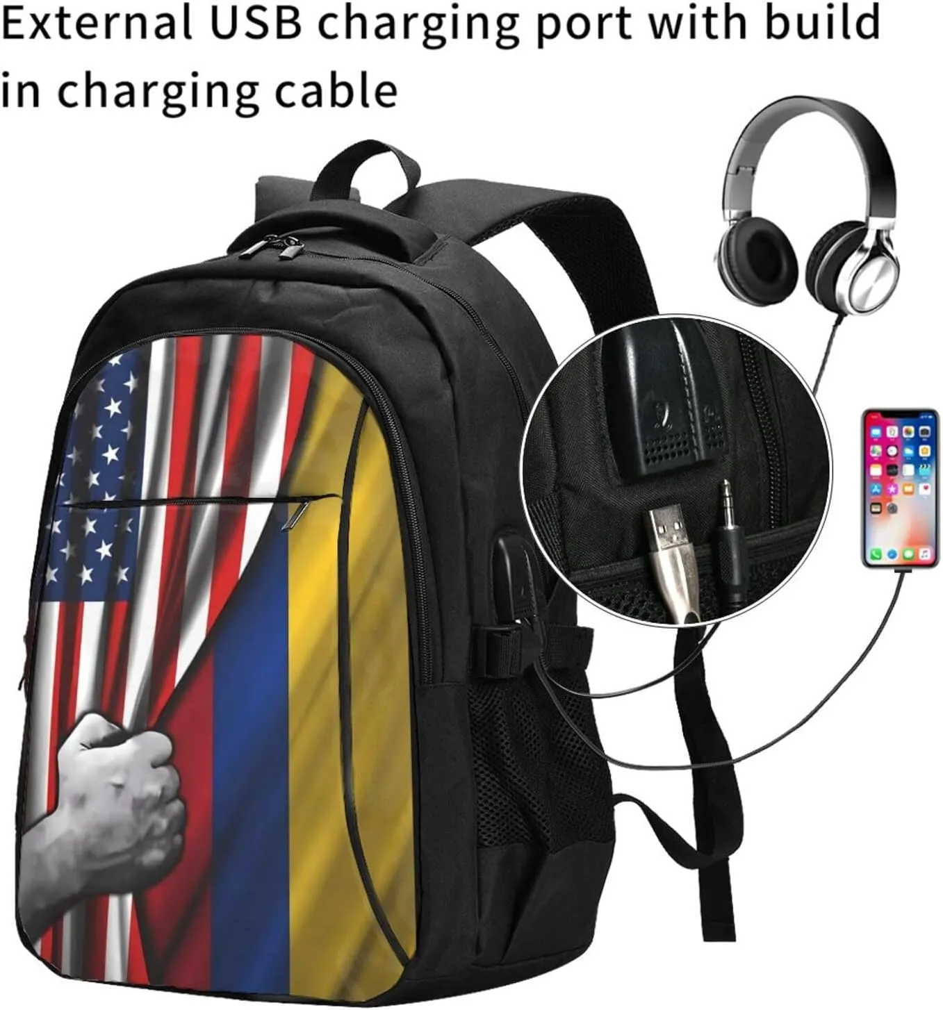 Colombian Colombia American Flag Travel Backpacks Casual Backpack Large Capacity Laptop Rucksack Luggage Daypacks with USB Charging Port Multi-Pockets Bags for Hiking