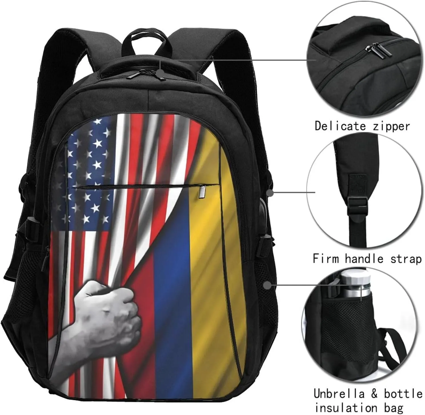 Colombian Colombia American Flag Travel Backpacks Casual Backpack Large Capacity Laptop Rucksack Luggage Daypacks with USB Charging Port Multi-Pockets Bags for Hiking