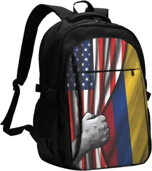 Colombian Colombia American Flag Travel Backpacks Casual Backpack Large Capacity Laptop Rucksack Luggage Daypacks with USB Charging Port Multi-Pockets Bags for Hiking