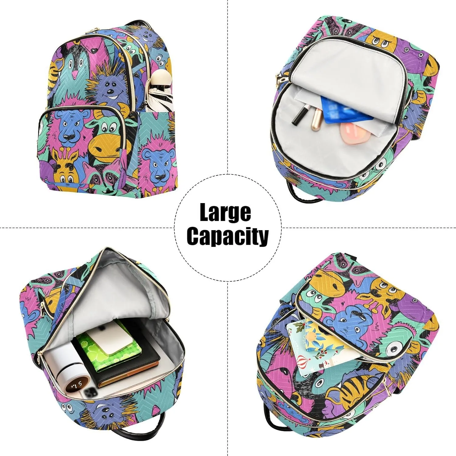Colorful Funny Animals Mini Backpack Women's Quilted Small Backpack Purse for Women College Fashion Travel Daypack Shoulder Bag