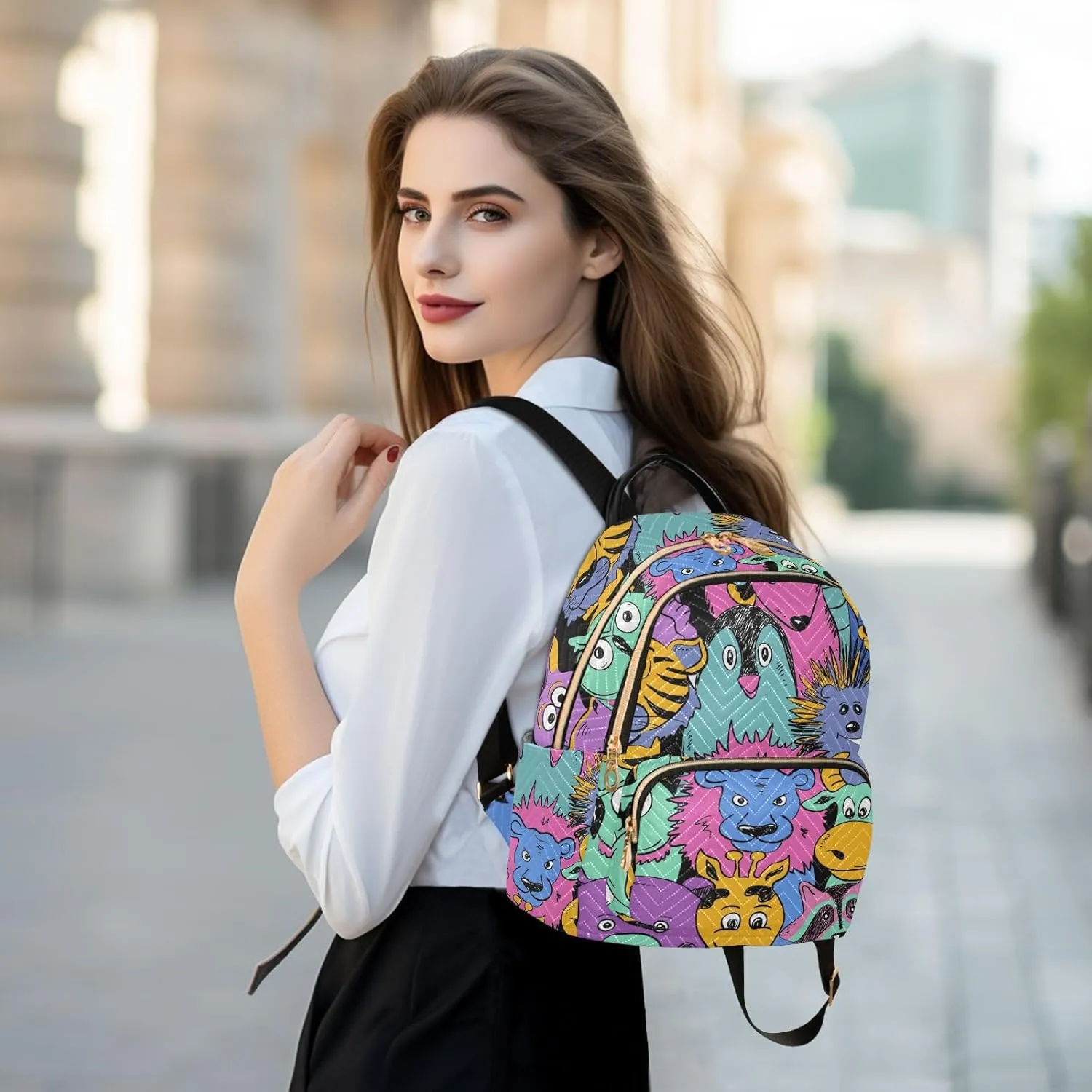 Colorful Funny Animals Mini Backpack Women's Quilted Small Backpack Purse for Women College Fashion Travel Daypack Shoulder Bag