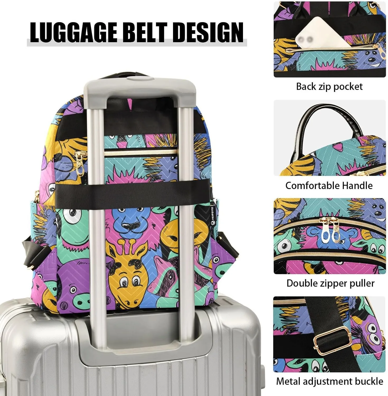 Colorful Funny Animals Mini Backpack Women's Quilted Small Backpack Purse for Women College Fashion Travel Daypack Shoulder Bag