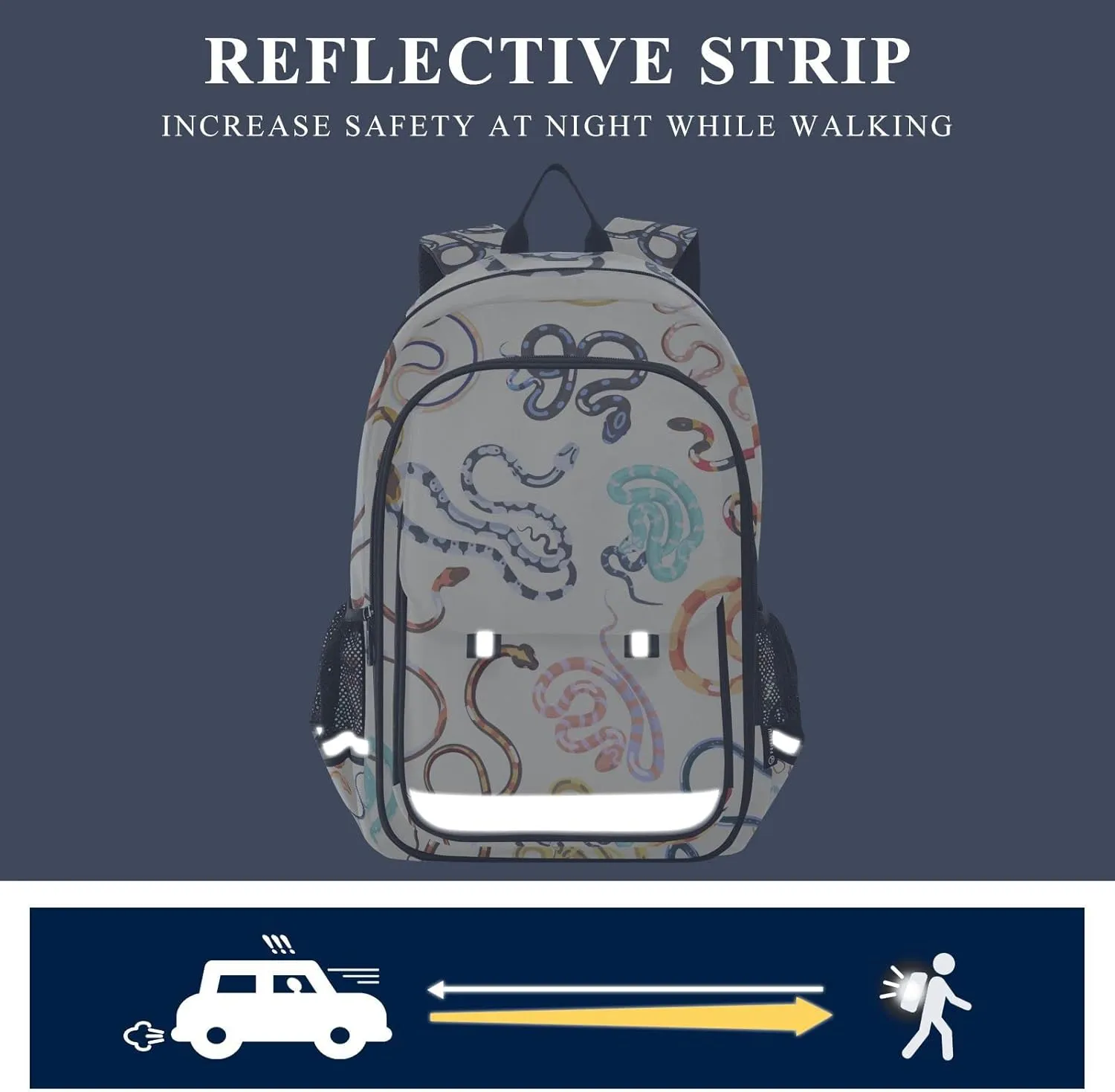 Colorful Snakes Backpack Lightweight Laptop Backpack School Bag Student Travel Daypack with Reflective Stripes