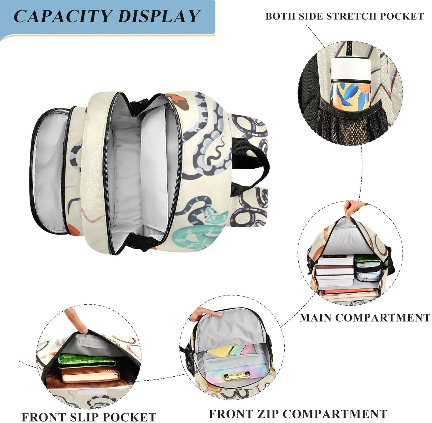 Colorful Snakes Backpack Lightweight Laptop Backpack School Bag Student Travel Daypack with Reflective Stripes