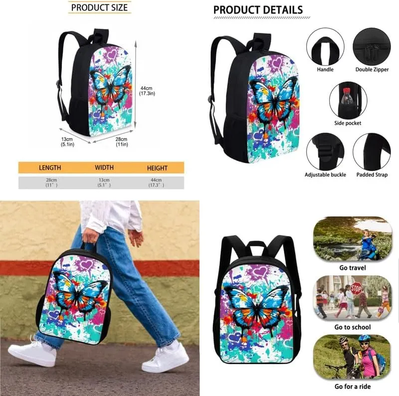 Colorful Splash Butterfly School Backpack 3Pcs Set Rainbow Pigment Graffiti Casual Daypacks Students Backpacks Aesthetic Art Butterflies with Insulated Lunch Box Pencil Case