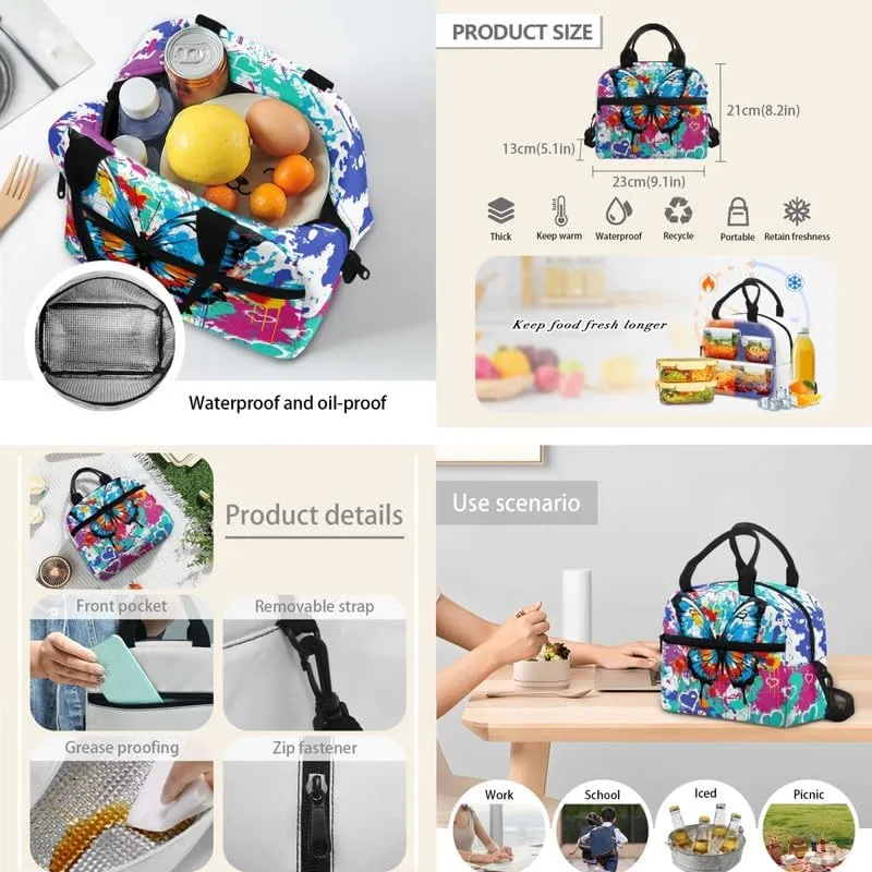 Colorful Splash Butterfly School Backpack 3Pcs Set Rainbow Pigment Graffiti Casual Daypacks Students Backpacks Aesthetic Art Butterflies with Insulated Lunch Box Pencil Case