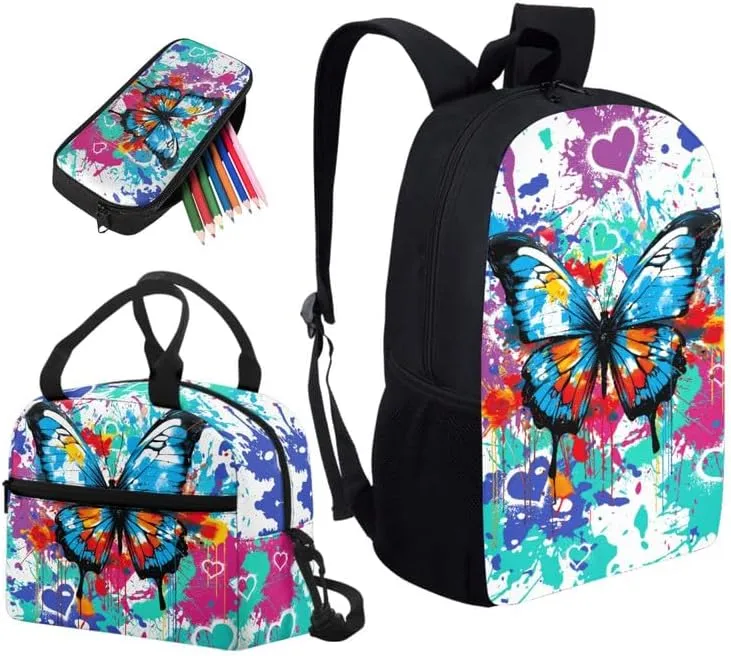 Colorful Splash Butterfly School Backpack 3Pcs Set Rainbow Pigment Graffiti Casual Daypacks Students Backpacks Aesthetic Art Butterflies with Insulated Lunch Box Pencil Case