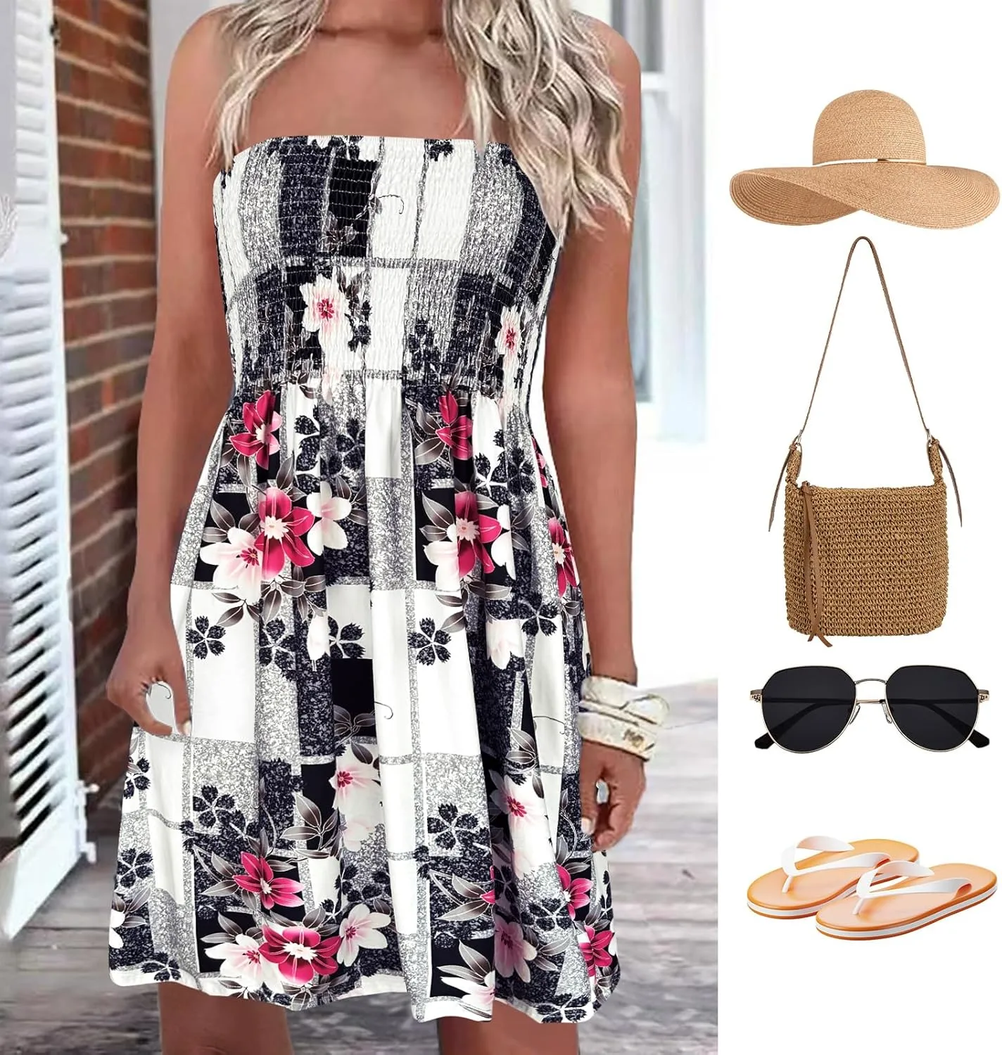 Comeon Women Tube Top Dress Strapless Summer Dress Cover Ups Pleated Off Shoulder Tunic Sundresses Sleeveless Casual Dresses
