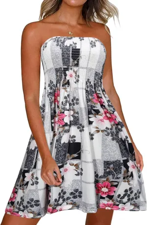 Comeon Women Tube Top Dress Strapless Summer Dress Cover Ups Pleated Off Shoulder Tunic Sundresses Sleeveless Casual Dresses