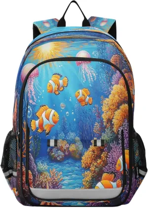 Coral Reef Clownfish Jellyfish Starfish Swimming Multi Compartment Student Backpack Reflective Stripes Travel Bag Casual Daypack School Bags for Boys Girls